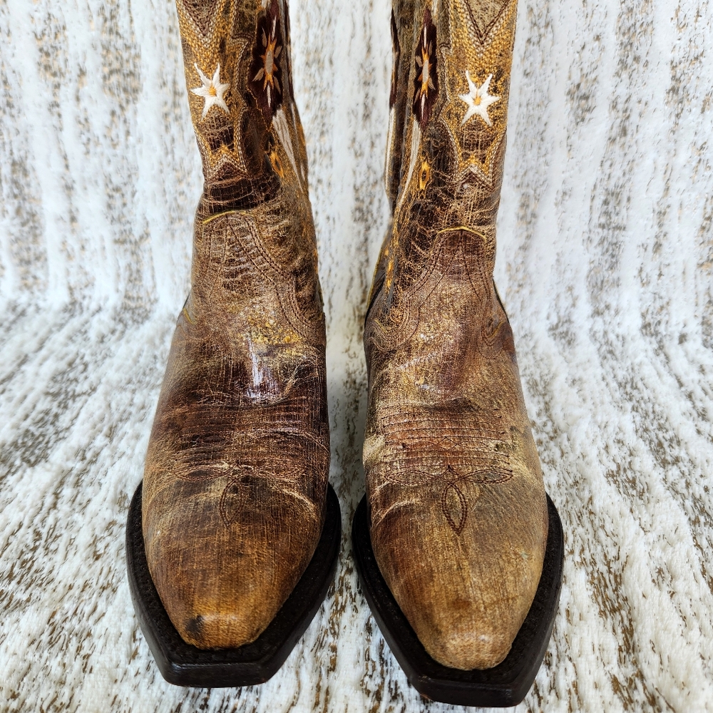 J.B. Dillon Distressed Leather Western Cowboy Boots Tan Floral | Women's Size 5B - Picture 3 of 12